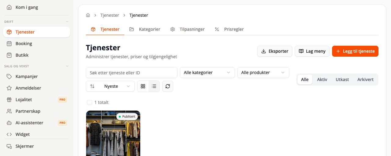 Tjenester med faner for kategorier, tilpasninger og prisregler